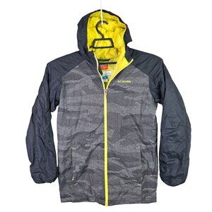 Mens Columbia Thermal Coil Hooded Jacket Black Gray Camo Waterproof Nylon XL